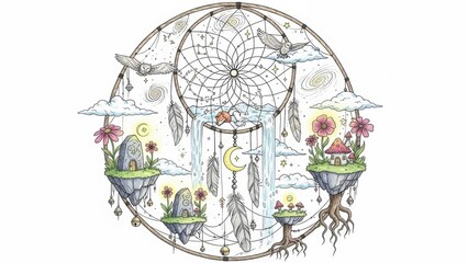 Whimsical fantasy dreamcatcher art with magical floating landscapes and celestial creatures