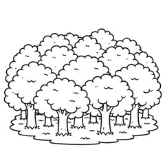 A simple vector illustration of a land area filled with lush gardens, showing trees, and plants, designed with clean lines and a calm natural atmosphere.