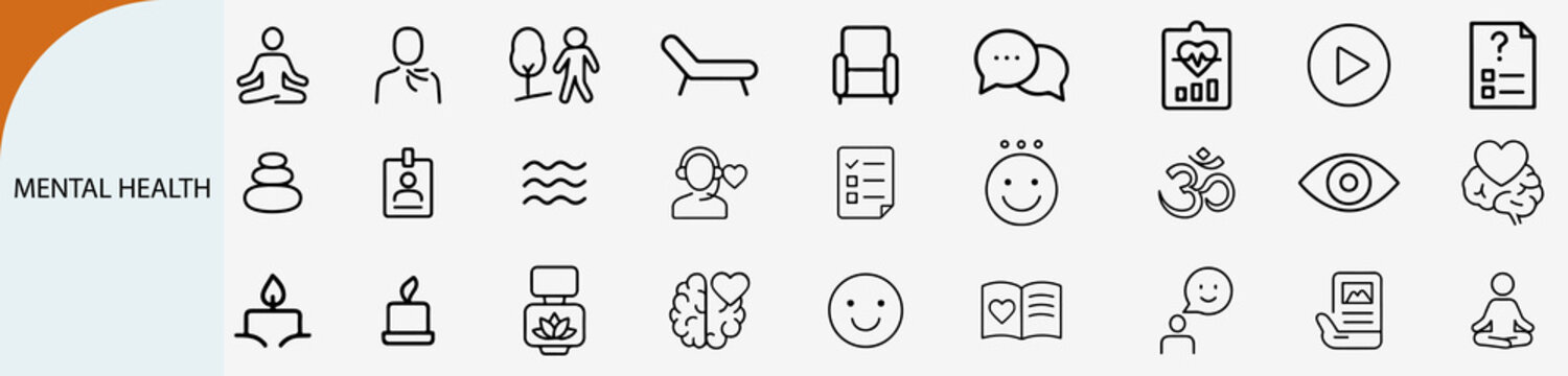 mental health and psychology outline icons, wellness counseling vector set