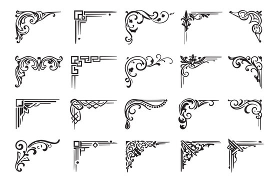 A vector illustration showing various right angle corner shapes designed for frames, featuring clean lines, geometric forms, and artistic elements suitable for modern graphic layouts.