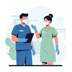 A cartoon illustration of a male and female medical professional wearing face masks and discussing a clipboard in a hospital setting with a clean and cute design.