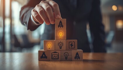 Stacking Business Blocks with Icons &ndash; Innovation Strategy, Growth, Planning, Startup, Abstract, Conceptual, Corporate