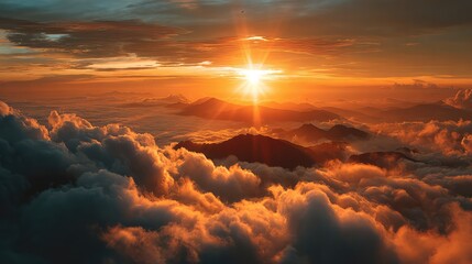 Sunrise Sun Sky Cloud Background with Red Sunlight and Bright Light. Beauty of Orange Color in a Landscape of New Hope for Autumn and Summer Days. Sunshine in Nature during a Morning of Bright