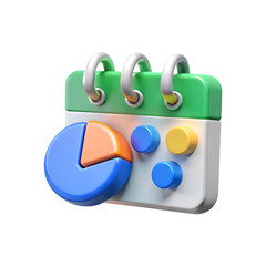 3d calendar icon with pie chart and data visualizations for planning and analytics transparent background