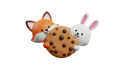 Cute Fox and Rabbit Holding a Chocolate Chip Cookie