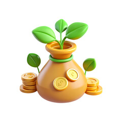 3d money bag with plant and coins growing your wealth concept transparent background