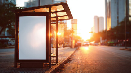 A bus stop with a blank advertising board, set against the backdrop of a vibrant cityscape at sunset. The scene creates a sense of anticipation and the promise of journeys.