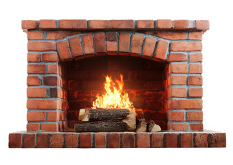 Brick fireplace with arched opening and a warm, flickering fire inside