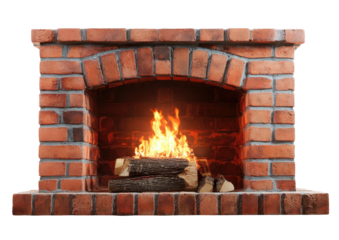 Brick fireplace with arched opening and a warm, flickering fire inside