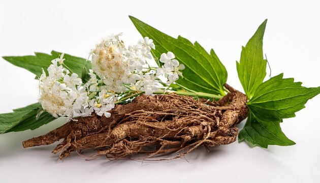 Valerian Root With Leaves And White Flowers Valeriana Officinalis