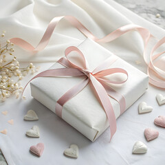 Elegant Gift Box with Pink Ribbon & Hearts on White for Valentine's Day, Anniversary or Birthday Celebration on transparent background