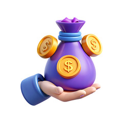 3d realistic hand holding purple money bag with gold coins symbolizing wealth and success transparent background