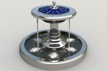 A modern solar-powered fountain with a sleek design, featuring a circular base and an octagonal top, showcasing flowing water and a reflective surface.