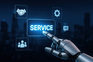 Cybernetic Service Interface: A futuristic, metallic hand interacts with a holographic interface, selecting Service. The image symbolizes innovation and technical support.