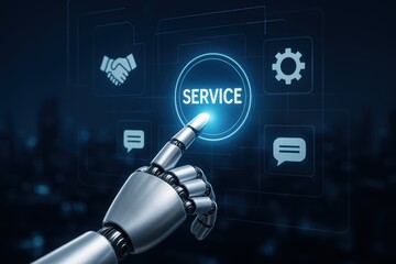 Digital Touch of Service: A robotic hand extends, its index finger poised to activate a digital service button, symbolizing the blend of technology and customer care.