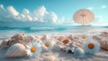 Dreamy Beachscape with Seashells, Flowers, and Pastel Sky sky sand beach flowers daisies ocean waves
