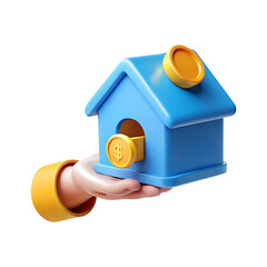 Hand presenting blue 3d house with gold coins property investment concept transparent background