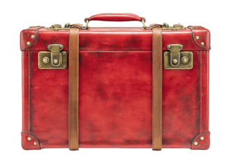 Elegant red leather suitcase with brass details, centered on a dark background