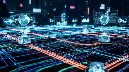 Futuristic digital network with data visualization elements - Powered by Adobe