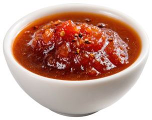 Bowl of chutney a thick, glossy reddish-brown spread with visible fruit pieces