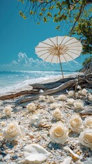 Romantic Tropical Beach with Scattered White Roses and Umbrella beach roses umbrella tropical ocean
