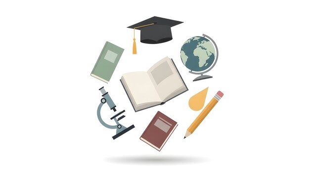 Flat illustration of education and learning icons including books, graduation cap, globe, microscope, and pencil, representing school, science, knowledge, and global education concepts. - Powered by Adobe