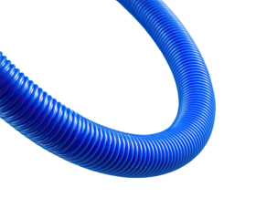 Bright blue, corrugated hose curves against a stark, black background