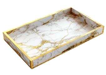 Rectangular tray with white marble and gold trim against a dark background