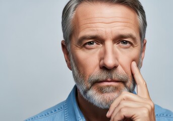 Mature man with gray beard and mustache resting his chin on his hand, looking thoughtful and serious