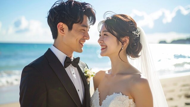 結婚式場 浜辺 新郎新婦 笑顔 2人 日本人 16:9サイズ 背景素材 AI生成素材