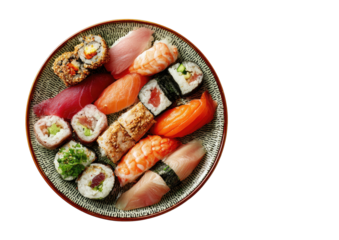 Assorted sushi on ceramic plate nigiri, rolls, sashimi, colorful, fresh