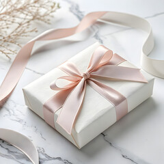 Elegant White Gift Box with Pink Ribbon on Marble Surface on transparent background