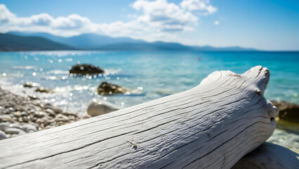 Driftwood on Rocky Beach with Blue Sea &ndash; Calm Coastal Nature Background