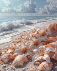 Dreamy Beach Scene with White Lilies, Seashells, and Ocean Waves beach ocean waves dreamy sand coast