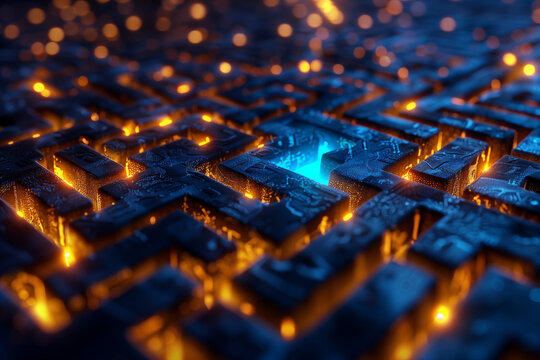 Abstract 3D golden labyrinth for strategy and logic concept