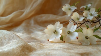 Delicate White Dogwood Flowers on Soft Golden Fabric Background golden delicate dogwood flowers calm
