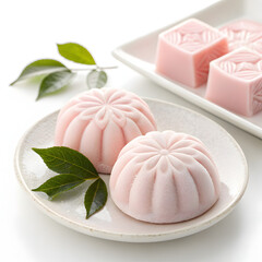 Delicate Pink Mochi Wagashi on White Plate. Asian Traditional Sweet Treat with Greenery on transparent background