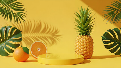 Tropical Fruit Podium with Pineapple and Orange &ndash; Summer Product Display Background