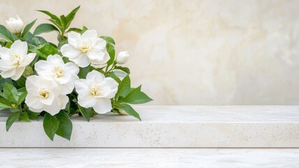 Elegant White Gardenia Flowers on Stone Podium with Copy Space stone podium white gardenia flowers