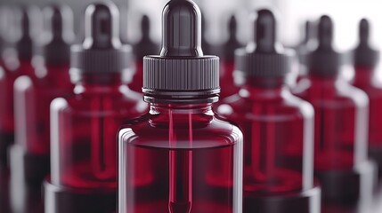 Close-up of dark red glass bottles with droppers
