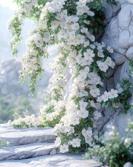Beautiful White Flowers Cascading Down Rocky Steps in Soft Light steps soft white white flowers rock