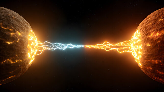Cosmic connection with a vivid display of energy linking two planets. The planets are ablaze with a fiery glow, while vibrant energy arcs bridge the gap between them