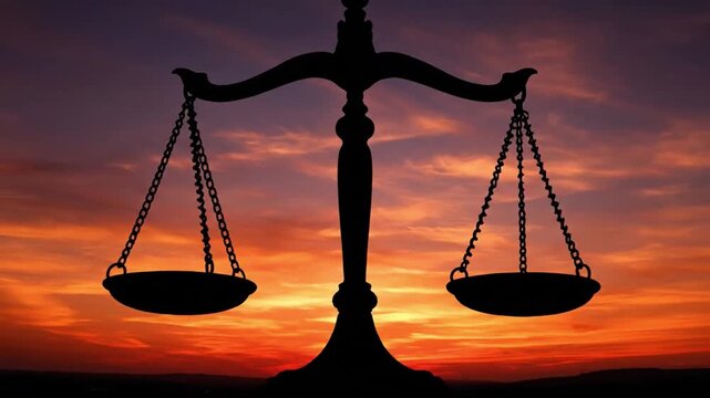 Silhouette of balance scale at sunset with vibrant orange sky