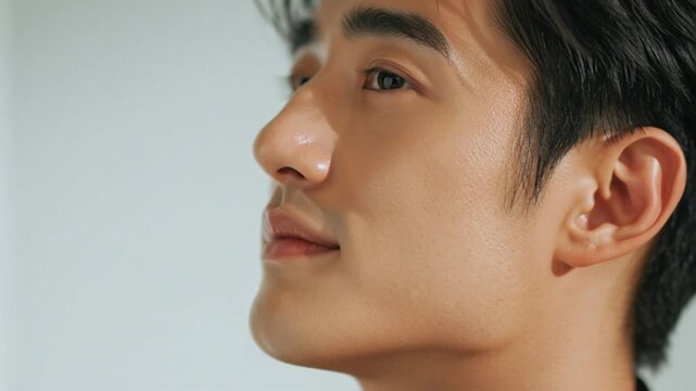 Young man with short black hair profile portrait.