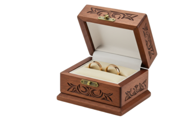 Elegant wooden ring box with wedding bands displayed, perfect for romantic occasions