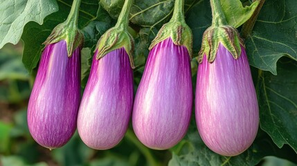 Close-up of four vibrant purple eggplants hanging
