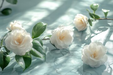 Elegant White Camellia Flowers with Sunlight and Shadows on Marble Surface sunlight shadows elegant