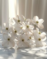 Elegant White Dogwood Flowers on Marble Surface with Soft Light and Shadows shadows elegant floral