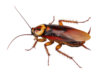 Up-close shot of a cockroach with visible antennae and spiny legs on black