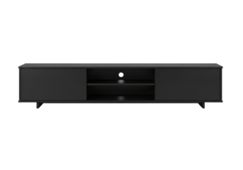 Modern black media console with open shelves, showcasing a minimalist design in a bright room